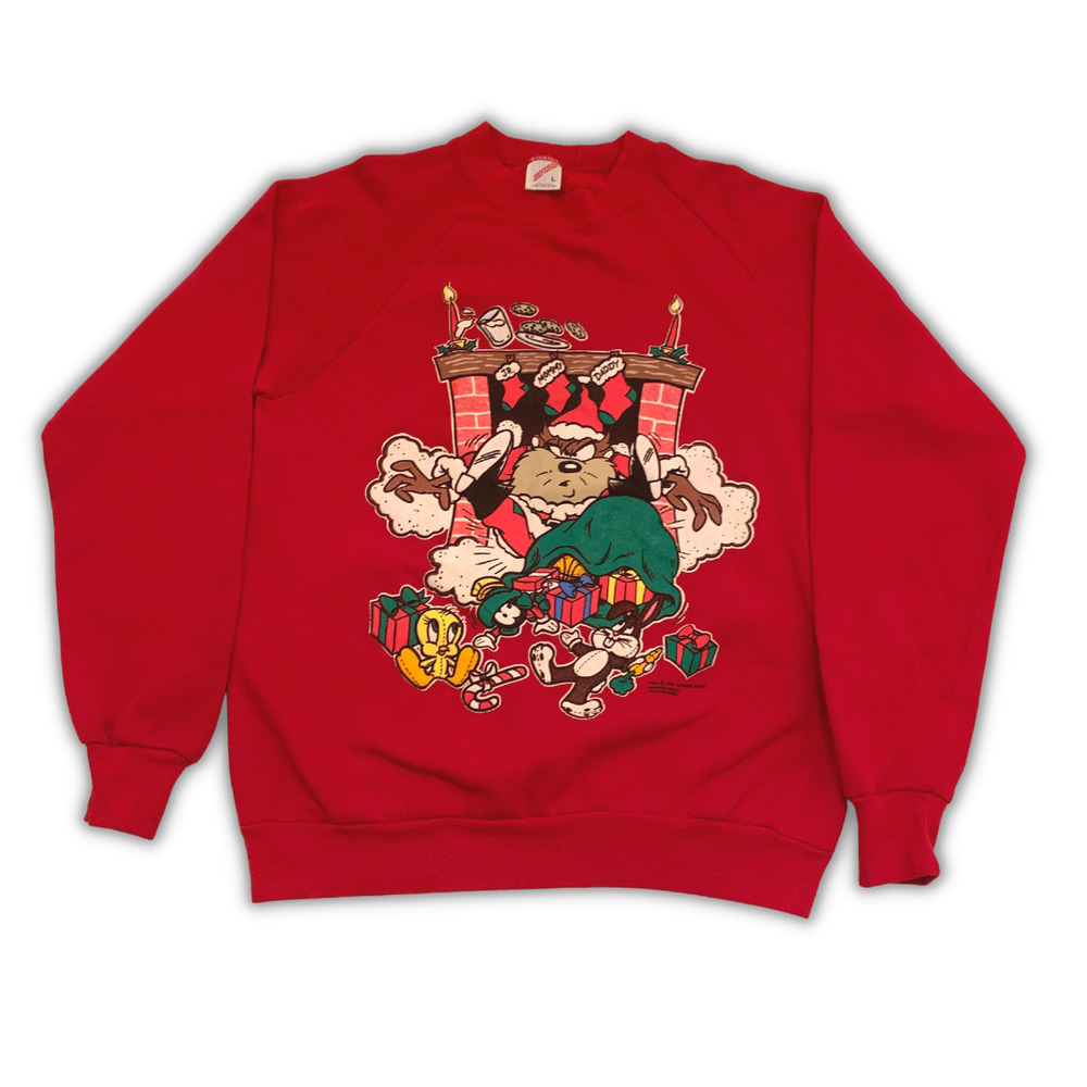 Vintage Jerzees Looney Tunes Christmas Tasmanian Devil Santa Chimney Men Sz XL